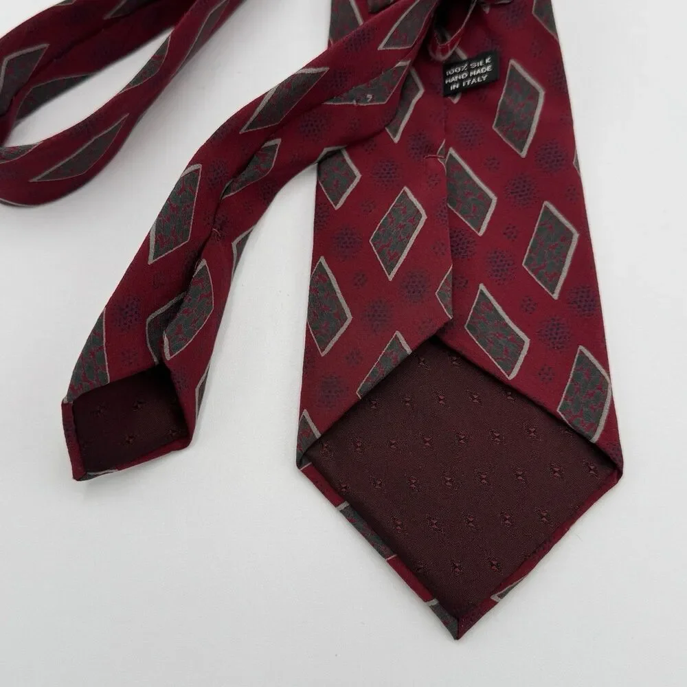 Vintage David Lawrence Silk Tie 80s 90s Burgundy Diamond Geometric Necktie Italy